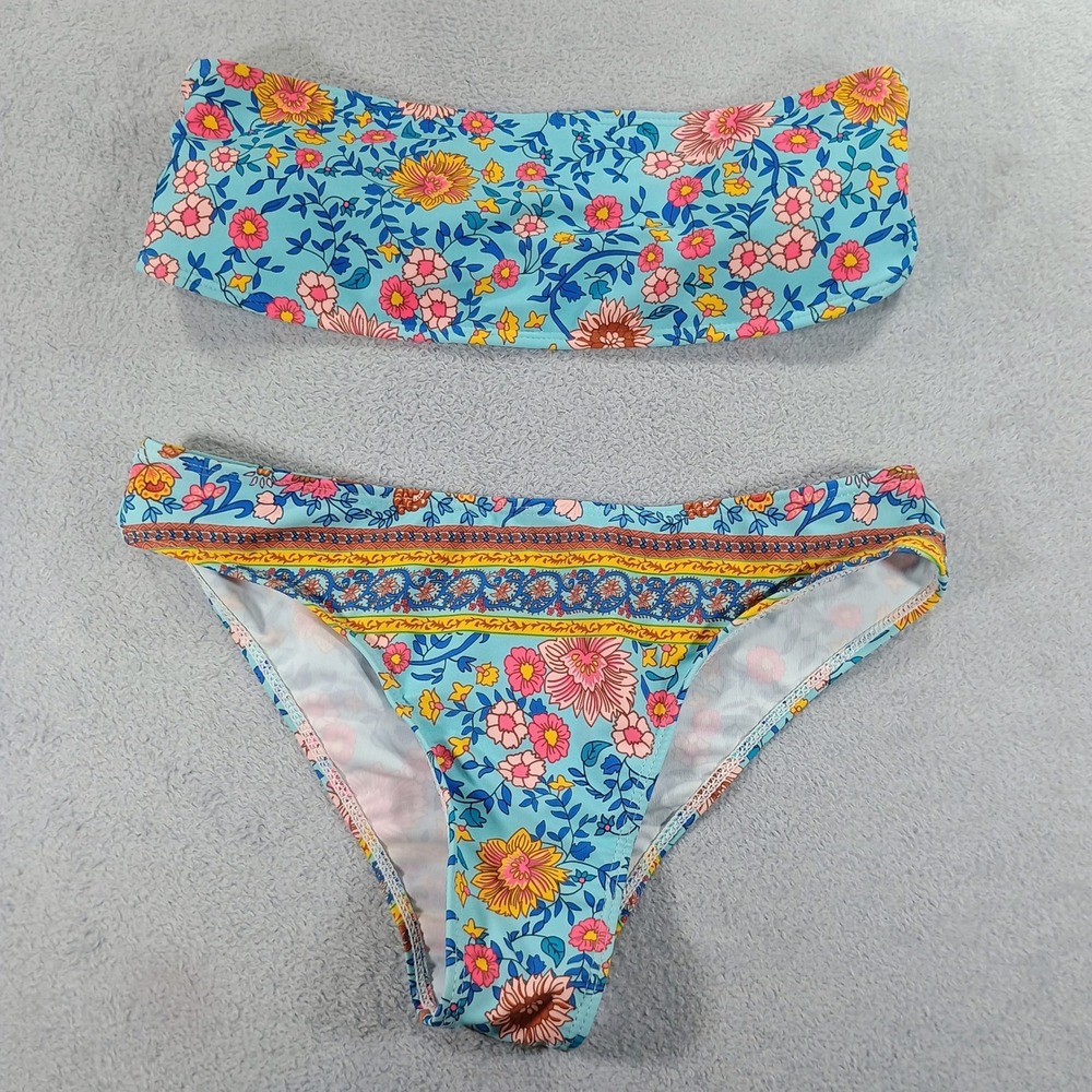 Unbranded Womens‎ Floral Bandeau Bikini Set Blue Medium Strapless Two Piece